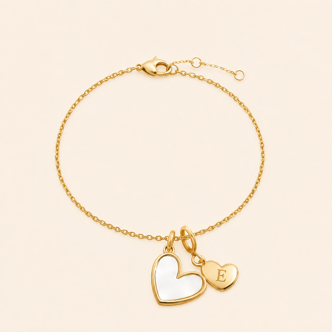 Mother of Pearl Initial Heart Charm Bracelet in E by Seeyoura