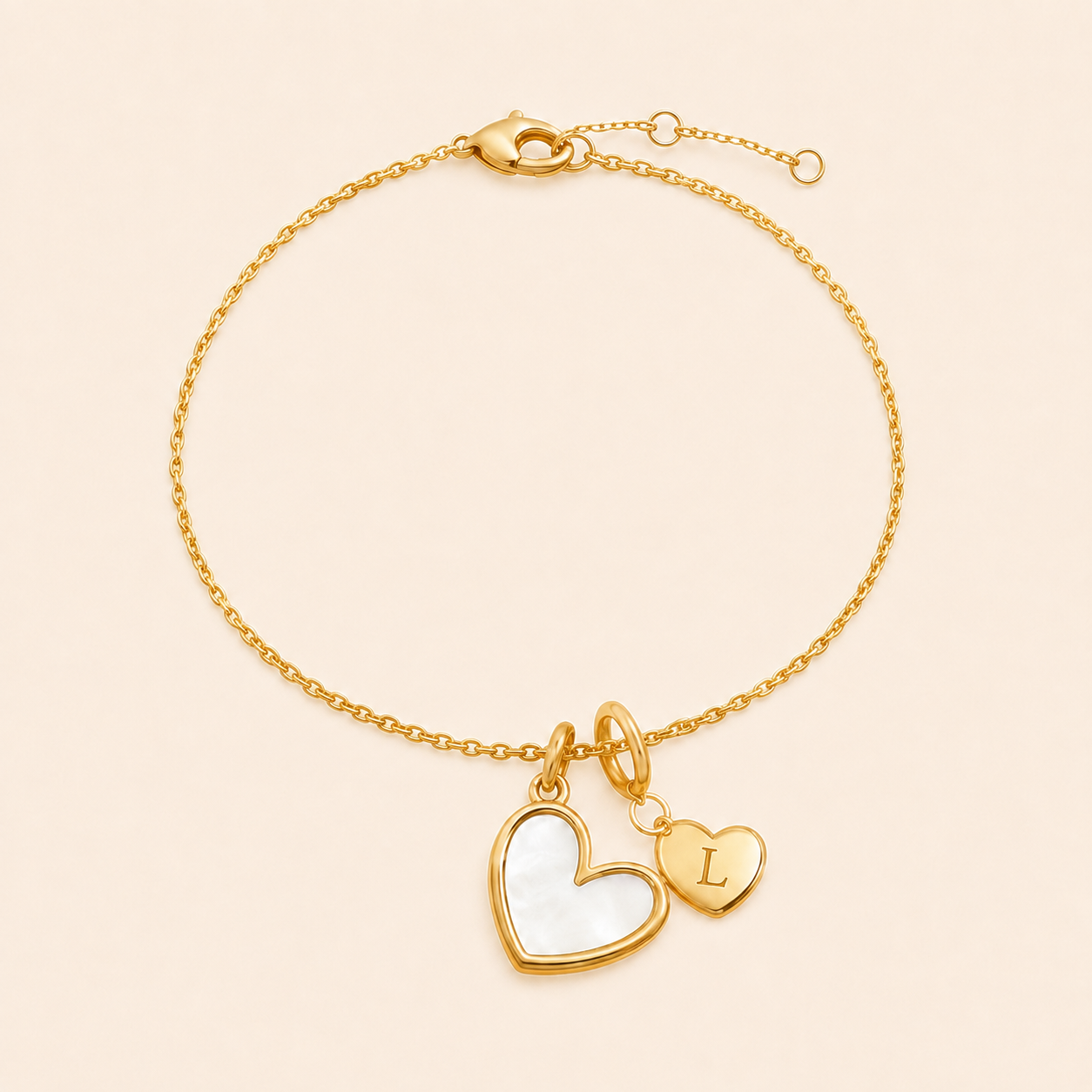 Mother of Pearl Initial Heart Charm Bracelet in L by Seeyoura