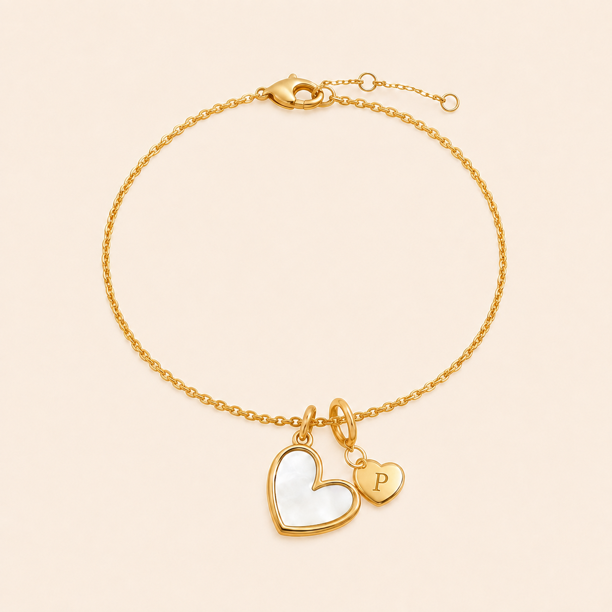 Mother of Pearl Initial Heart Charm Bracelet in P by Seeyoura