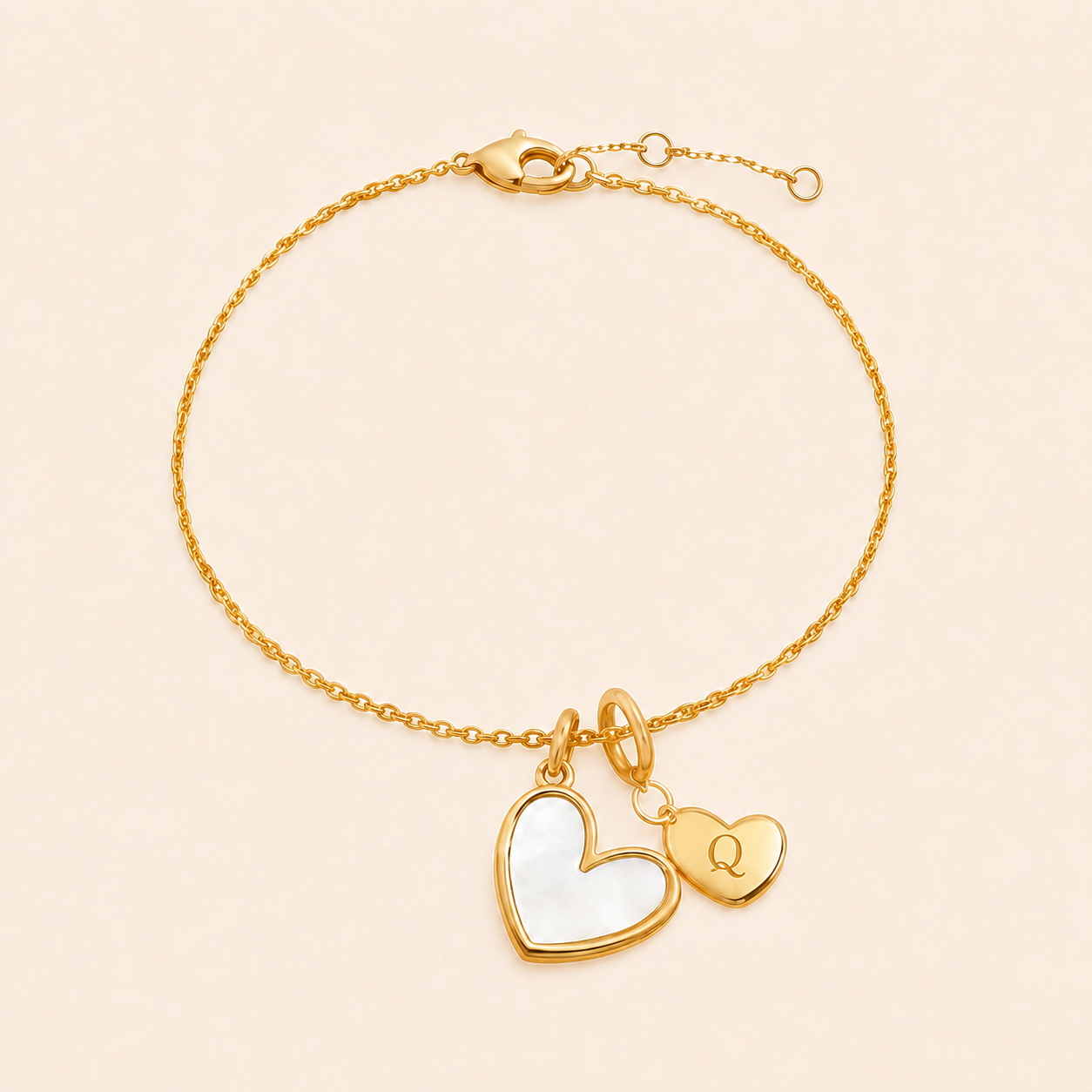 Mother of Pearl Initial Heart Charm Bracelet in Q by Seeyoura