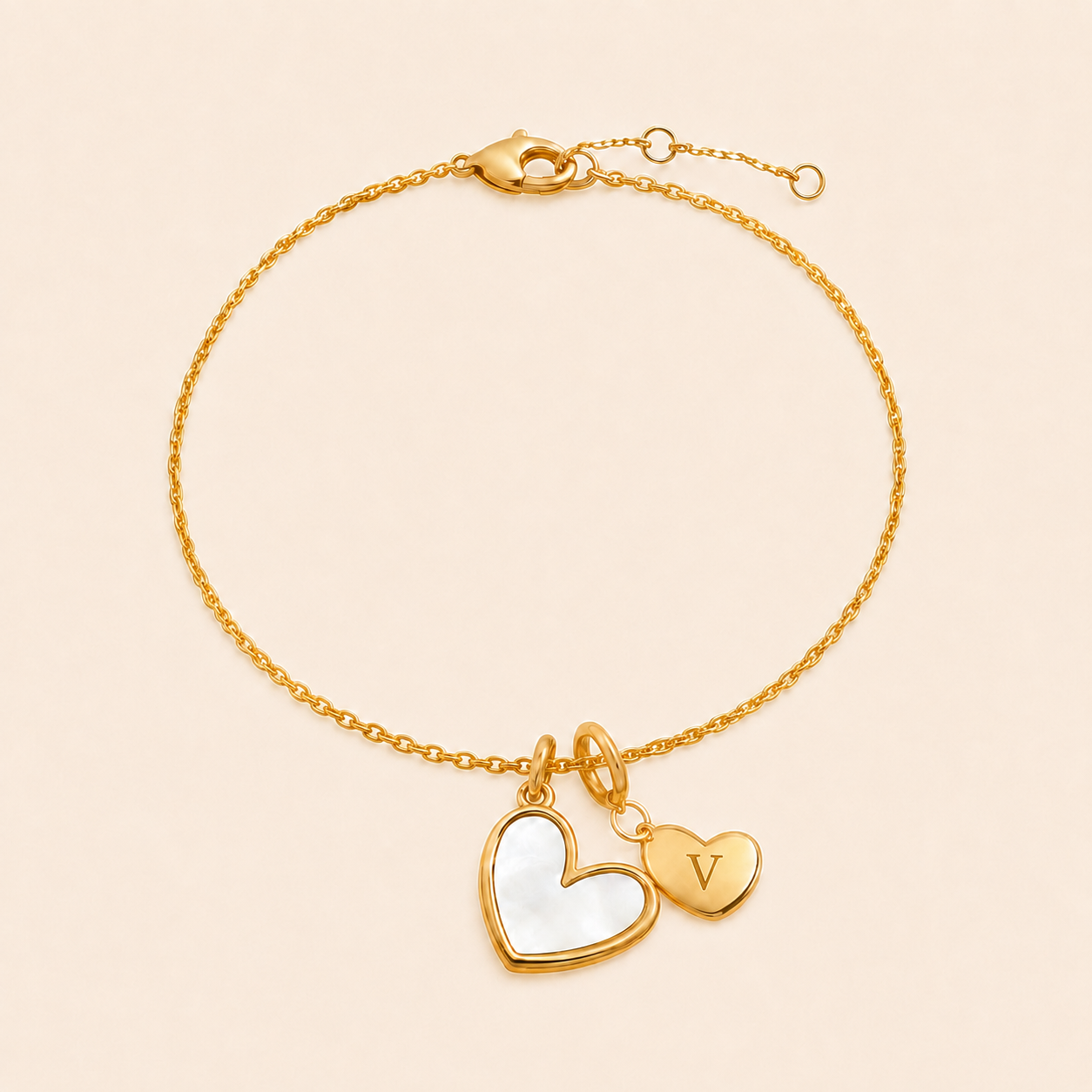 Mother of Pearl Initial Heart Charm Bracelet in V by Seeyoura