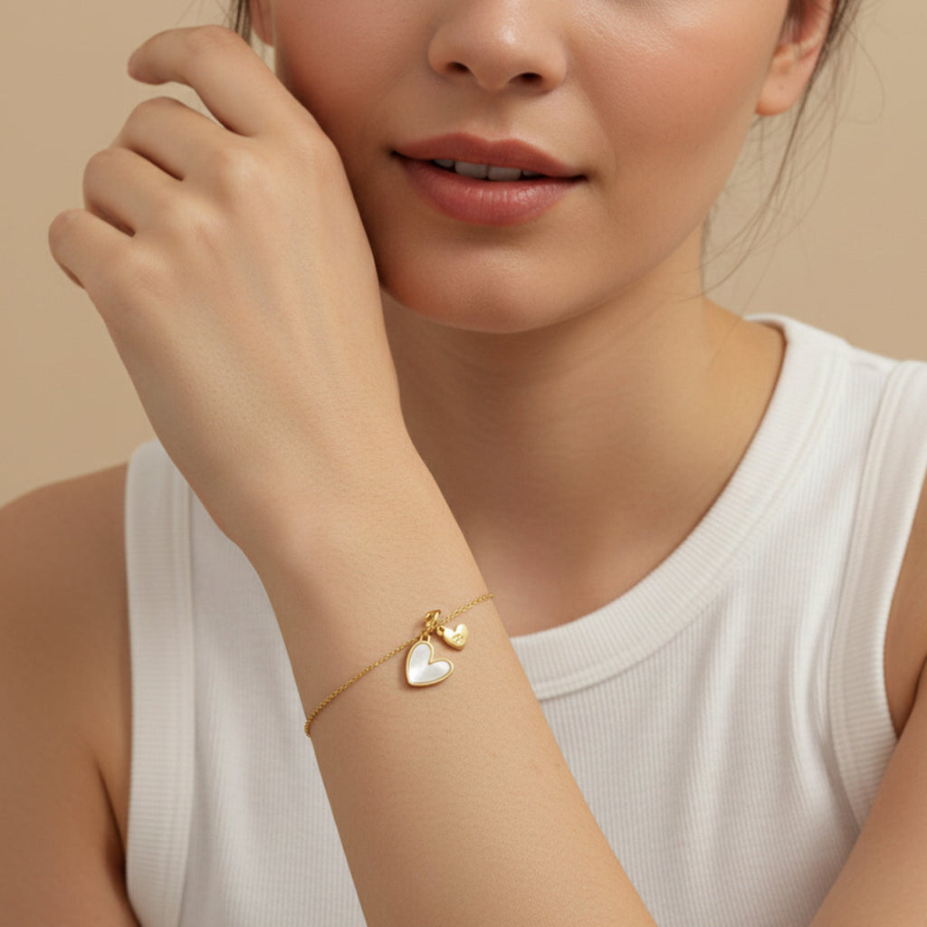 Dainty Mother Of Pearl Cable Chain Bracelet with Initial Heart Charm by Seeyoura