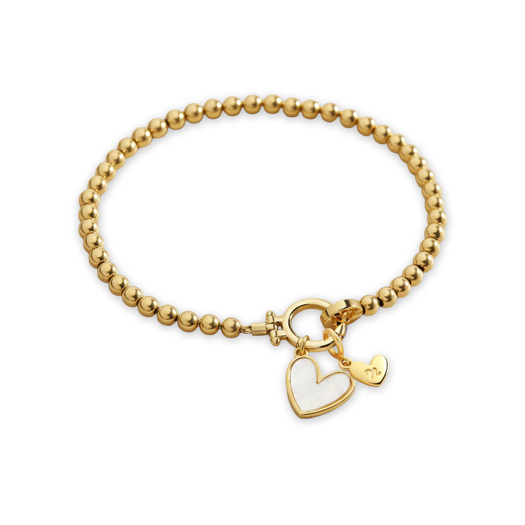 Mint Beaded Bracelet with Mother Of Pearl Initial Heart Charm in 18k Gold Plated by Seeyoura