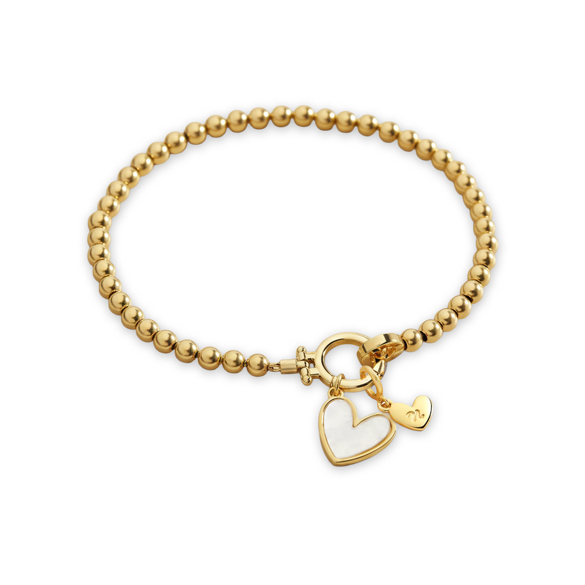 Mint Beaded Bracelet with Mother Of Pearl Initial Heart Charm in 18k Gold Plated by Seeyoura