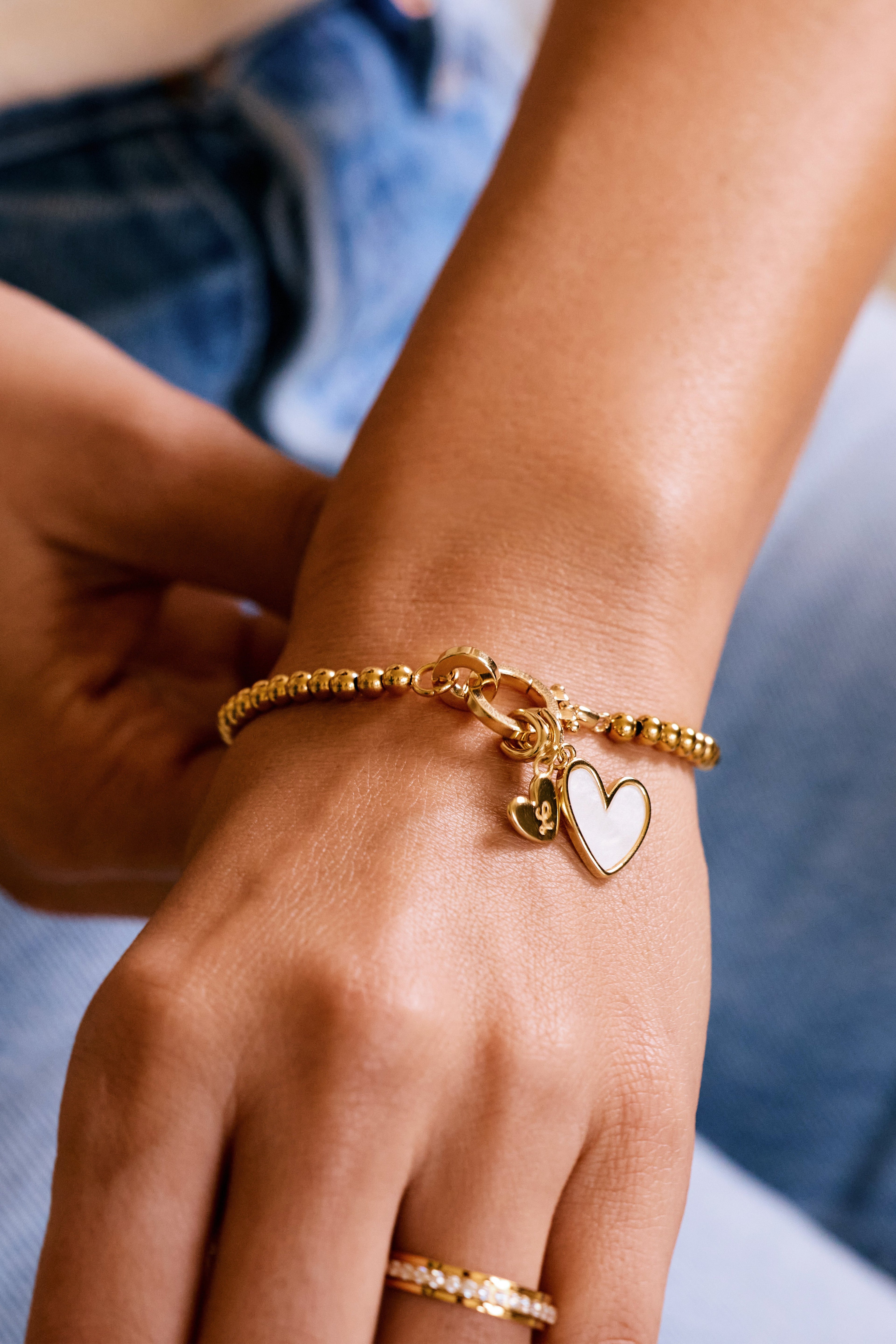 Mint Beaded Bracelet with Mother Of Pearl Initial Heart Charm by Seeyoura