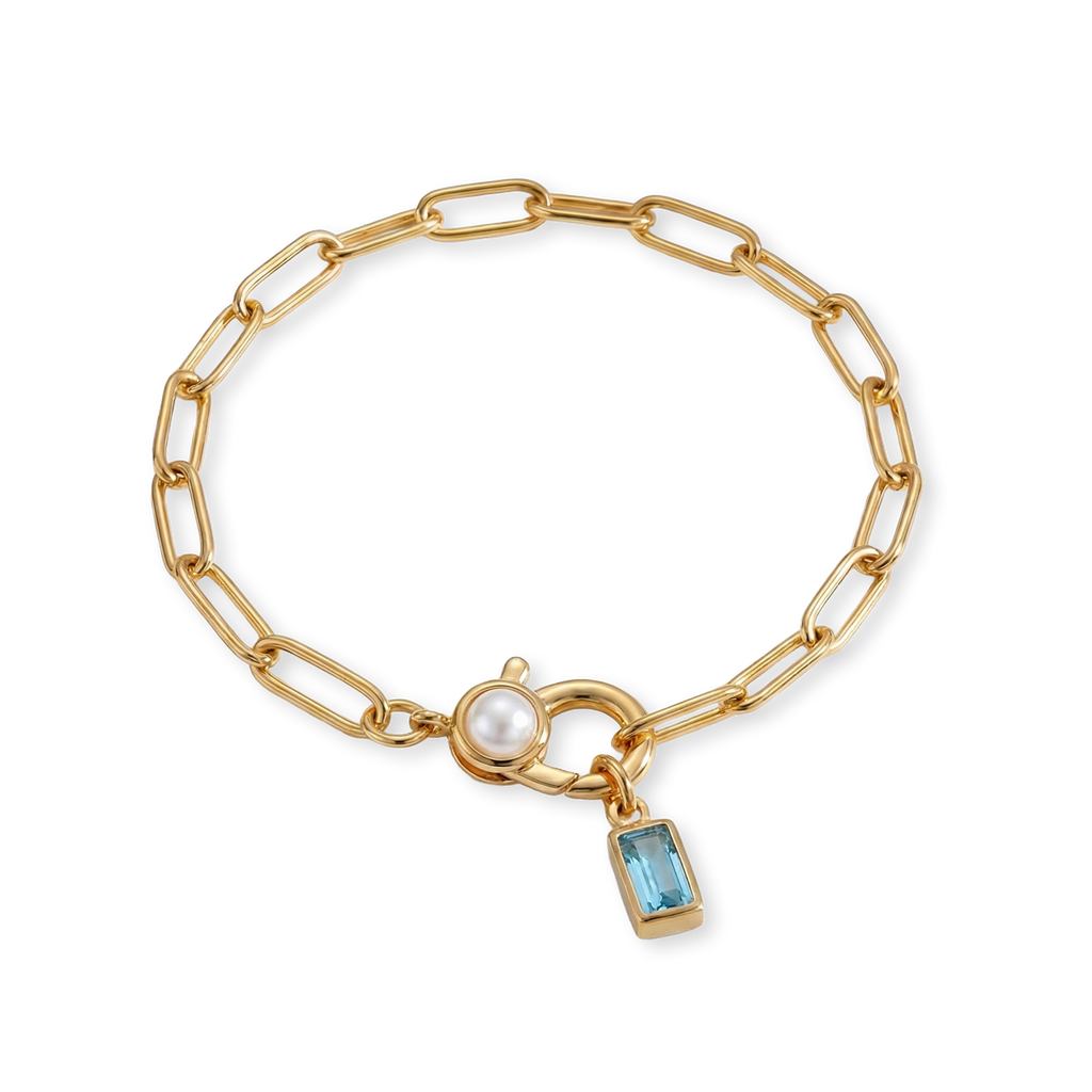 Paperclip Bracelet with Pearl Accent with Dainty Baguette Birthstone Charm by Seeyoura