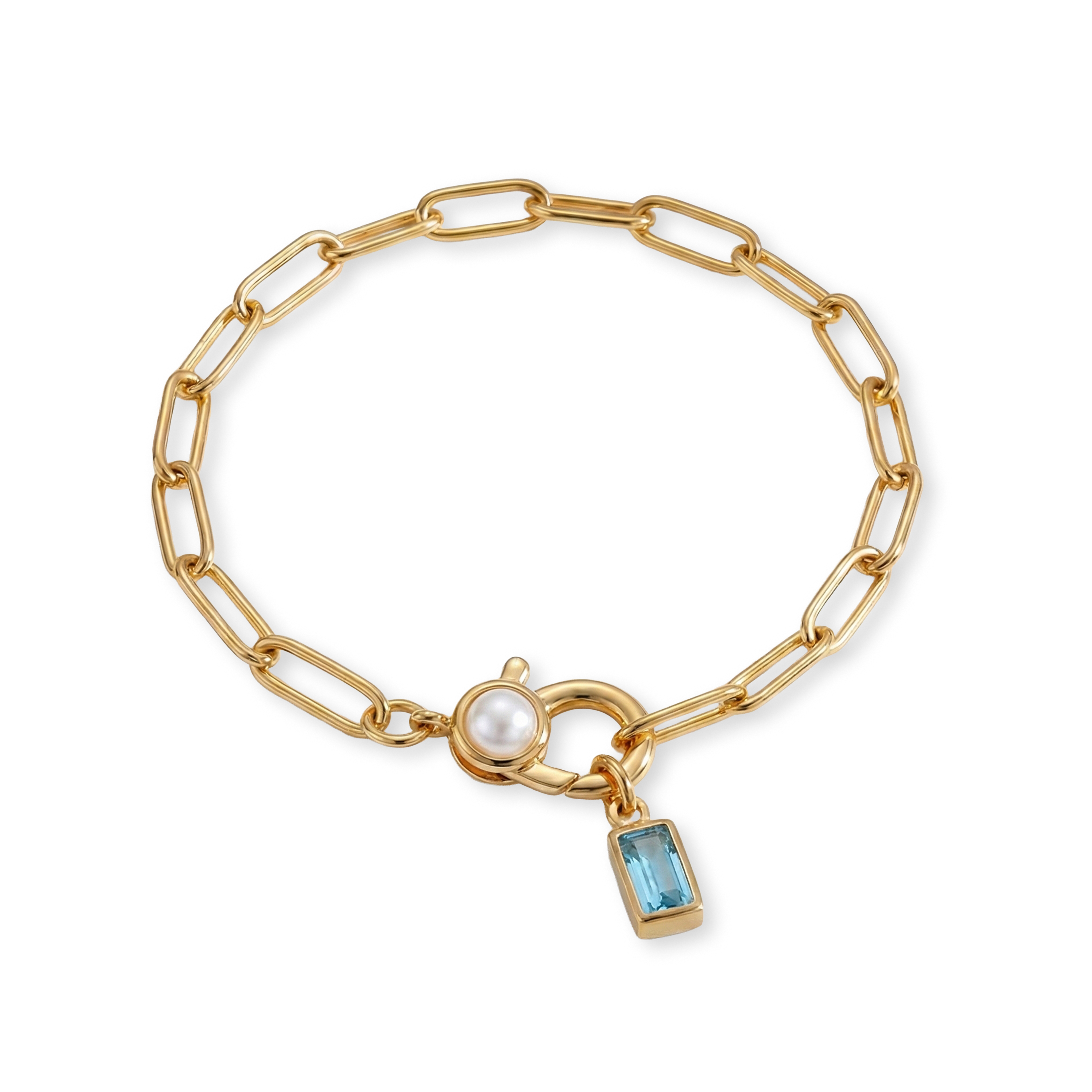 Paperclip Bracelet with Pearl Accent with Dainty Baguette Birthstone Charm by Seeyoura