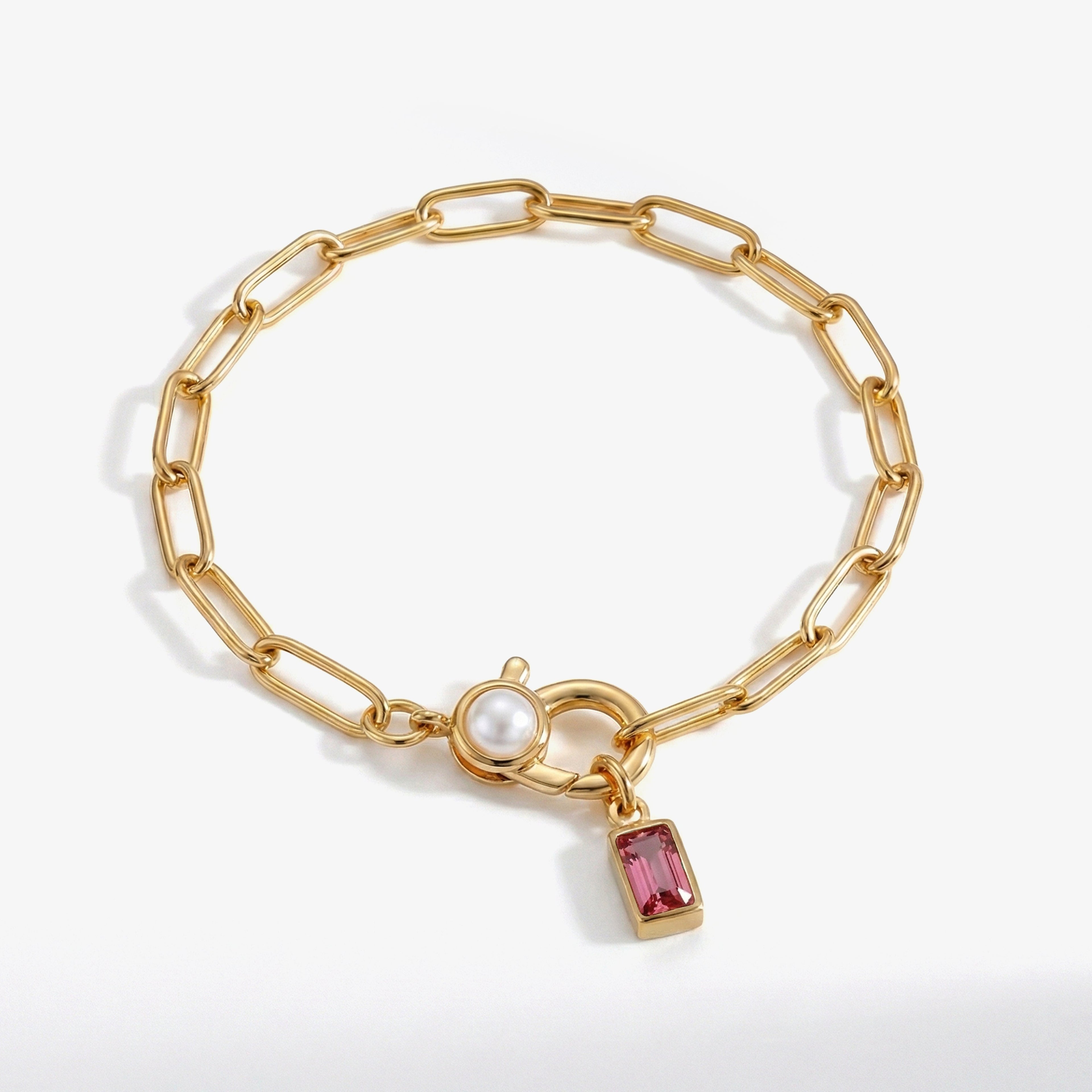Paperclip Bracelet with Pearl Accent with Dainty Baguette Birthstone Charm by Seeyoura
