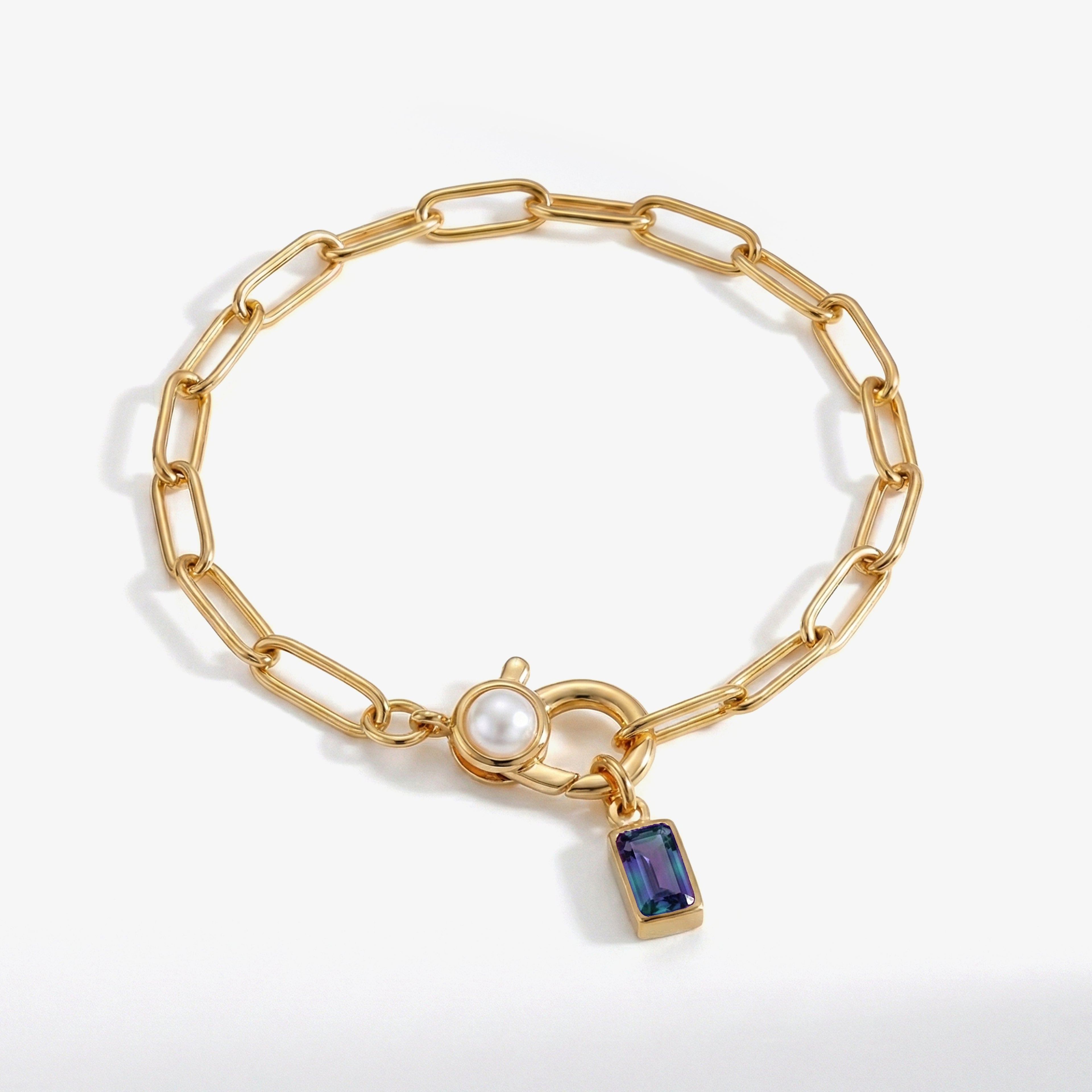 Paperclip Bracelet with Pearl Accent with Dainty Baguette Birthstone Charm by Seeyoura