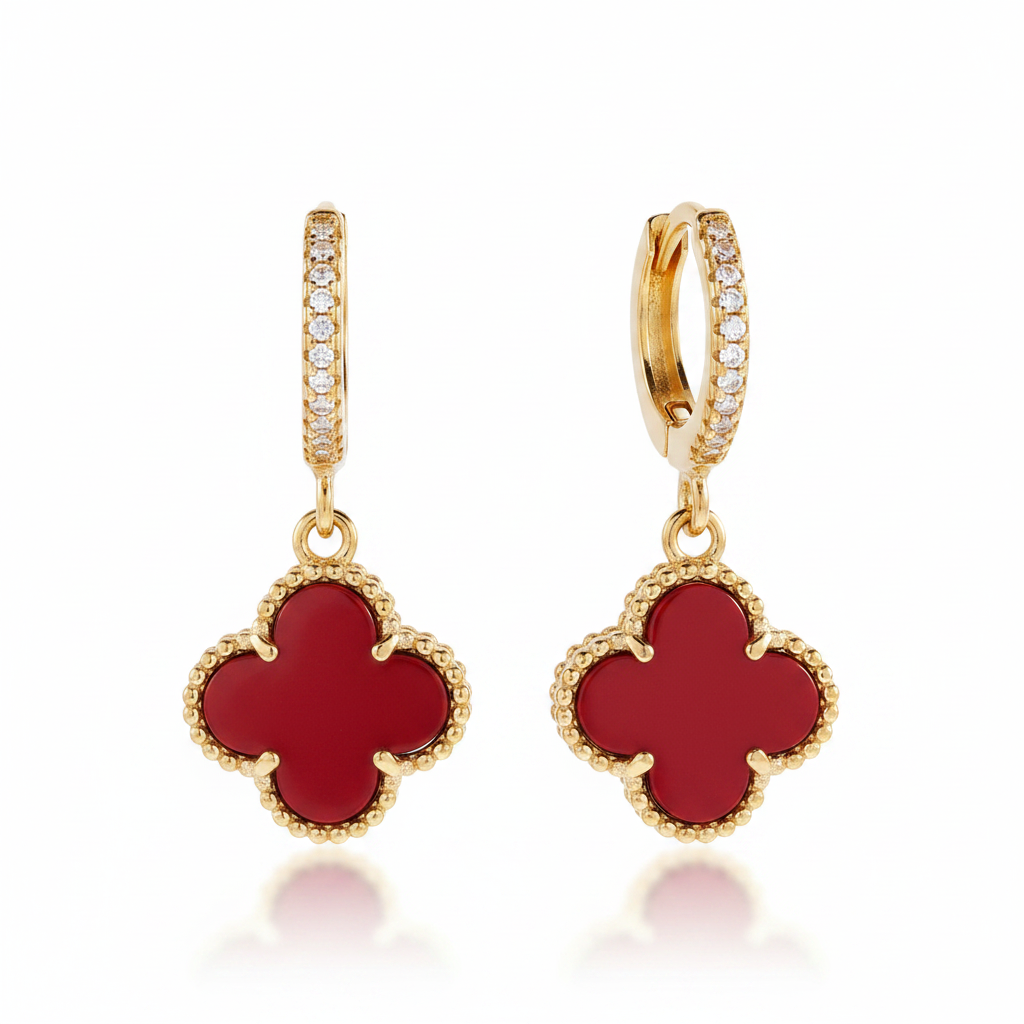 Pavé Clover Drop Earrings in red-enamel by Seeyoura