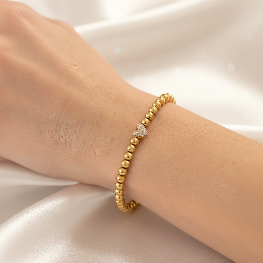 Pave Heart Gold Beaded Bracelet by Seeyoura