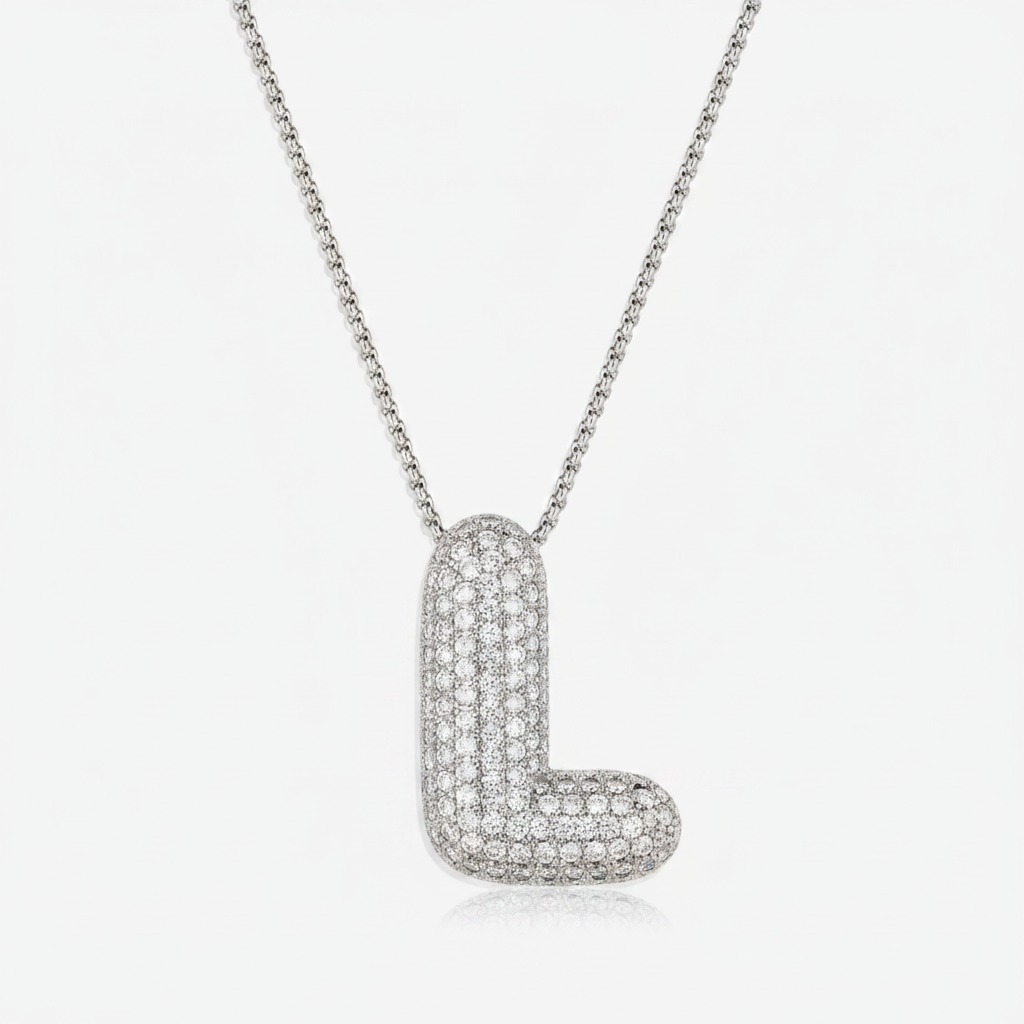 Pave Bubble Initial Necklace in silver, L by Seeyoura