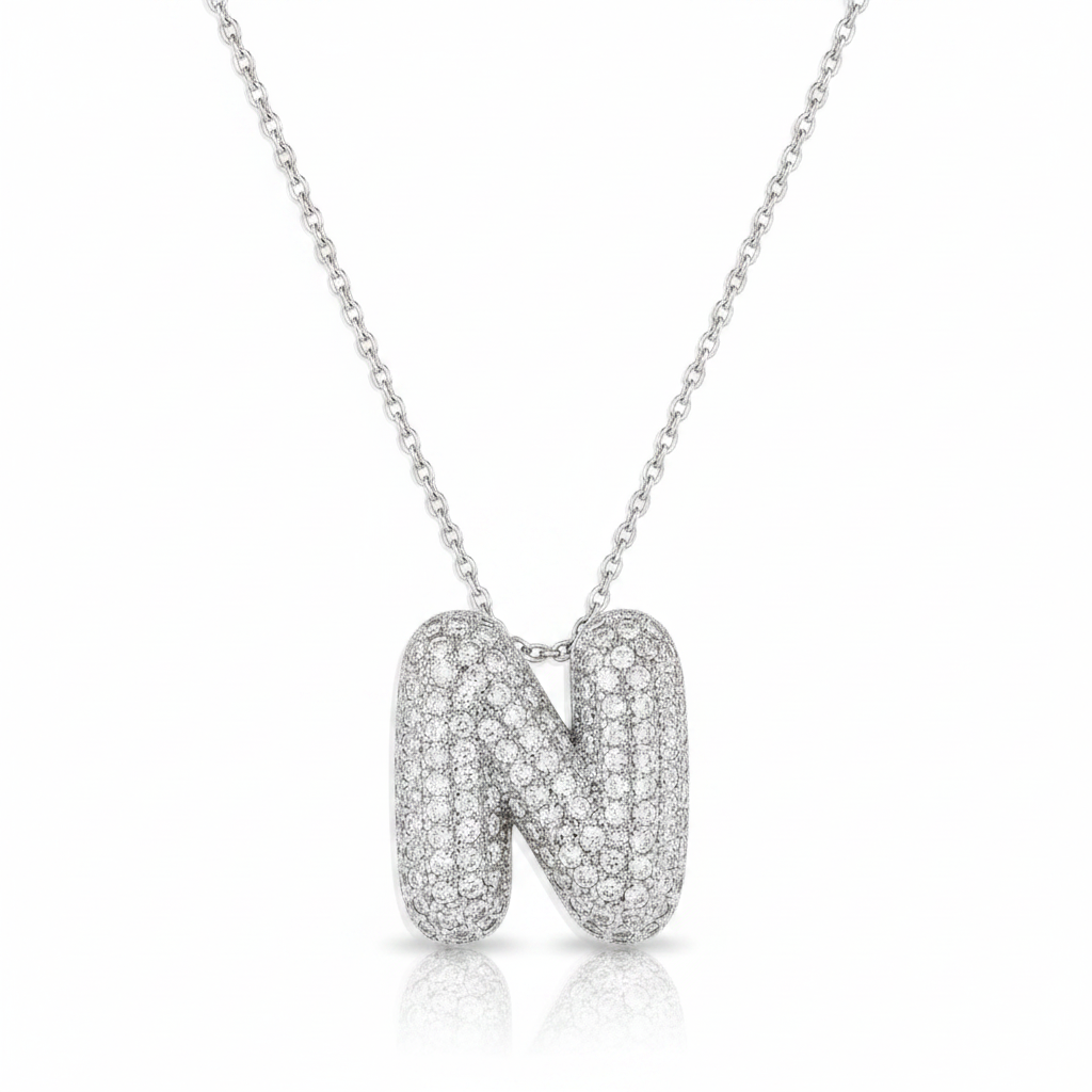 Pave Bubble Initial Necklace in silver, N by Seeyoura
