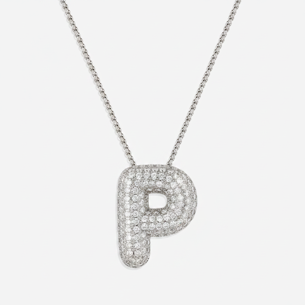 Pave Bubble Initial Necklace in silver, P by Seeyoura