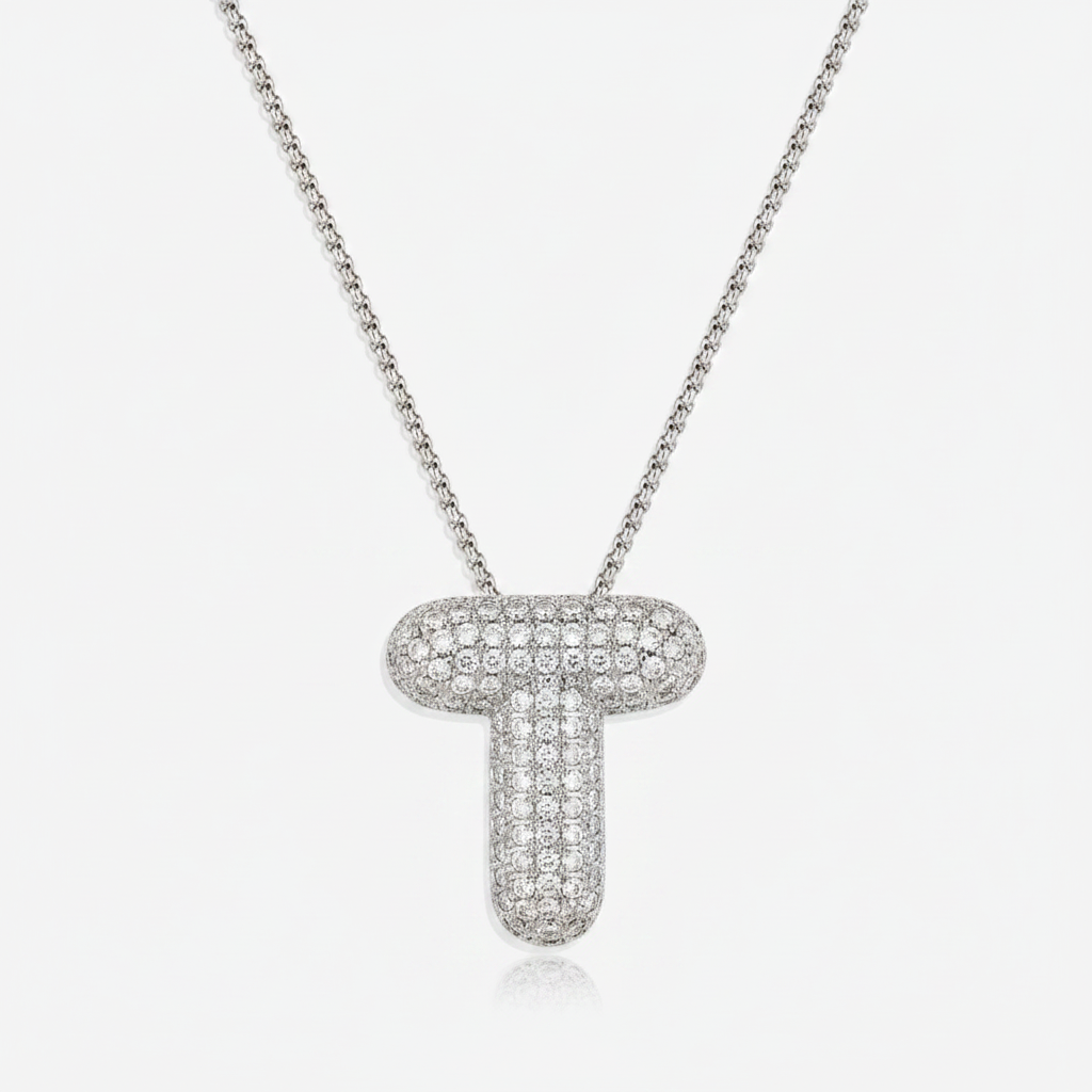 Pave Bubble Initial Necklace in silver, T by Seeyoura
