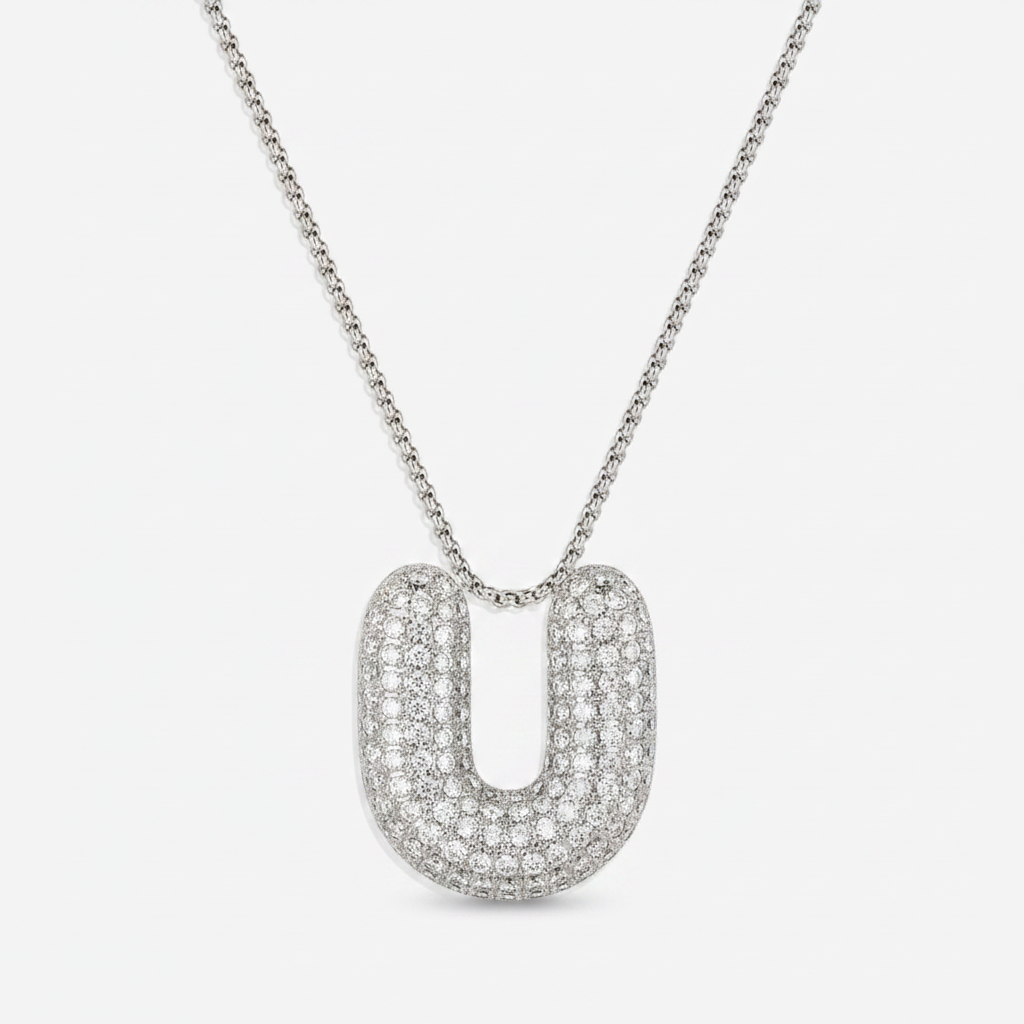 Pave Bubble Initial Necklace in silver, U by Seeyoura