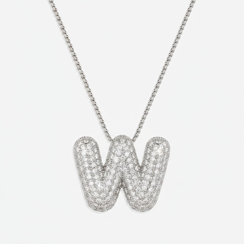 Pave Bubble Initial Necklace in silver, W by Seeyoura