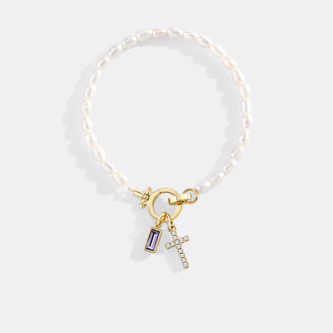 Pearl Cross Charm Bracelet in amethyst-february by Seeyoura