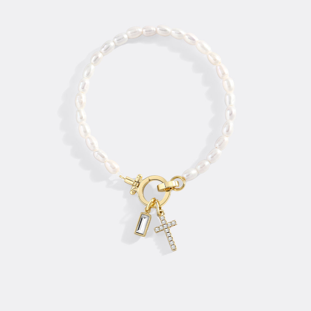 Pearl Cross Charm Bracelet in diamond-april by Seeyoura