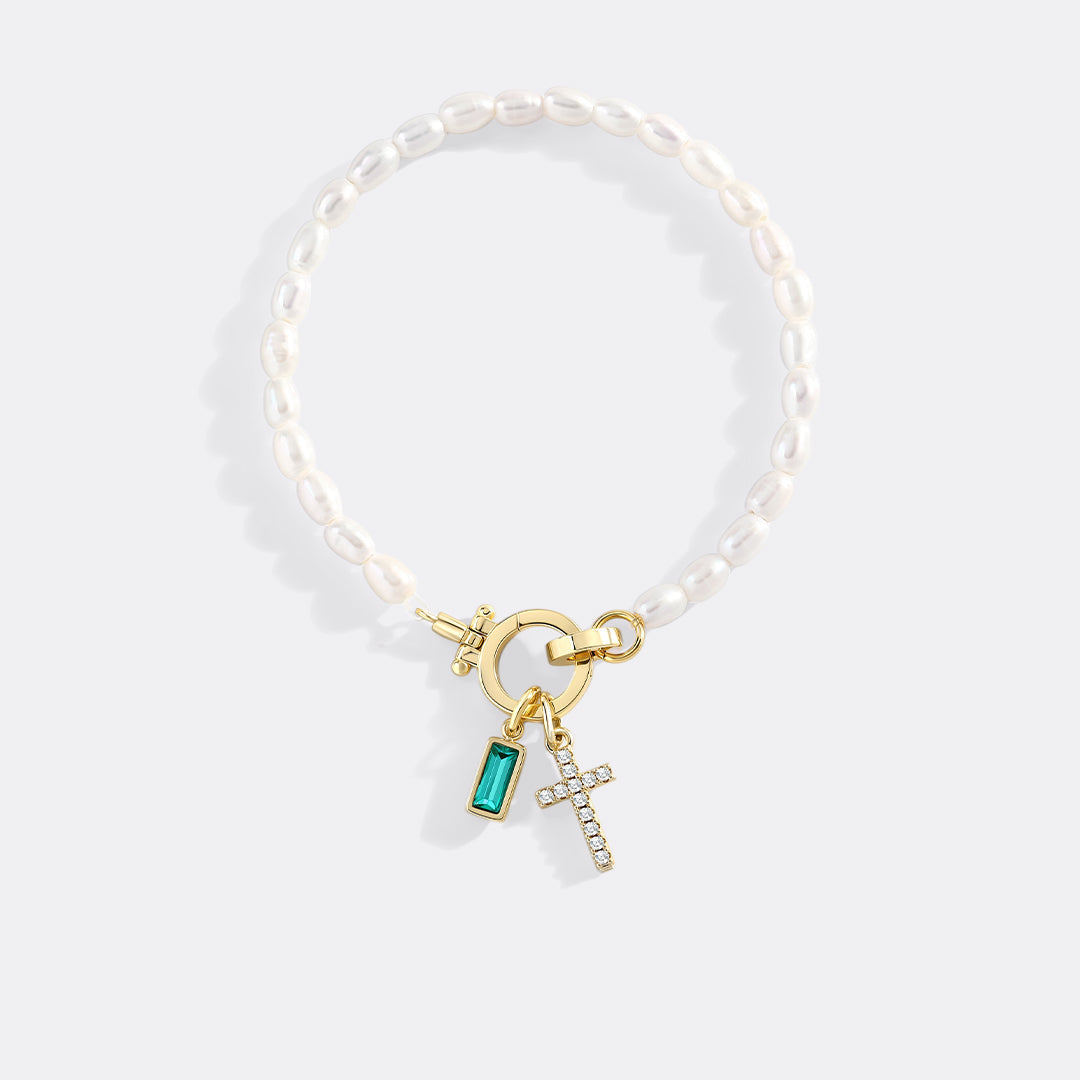 Pearl Cross Charm Bracelet in emerald-may by Seeyoura