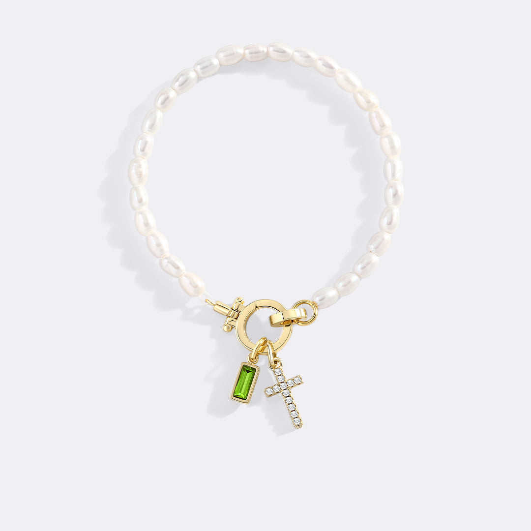 Pearl Cross Charm Bracelet in peridot-august by Seeyoura