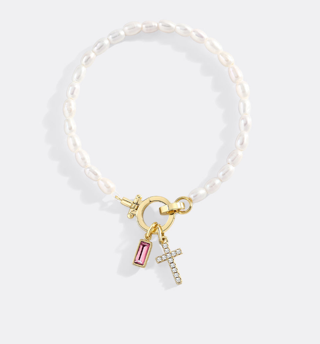 Pearl Cross Charm Bracelet in pink-tourmaline-october by Seeyoura