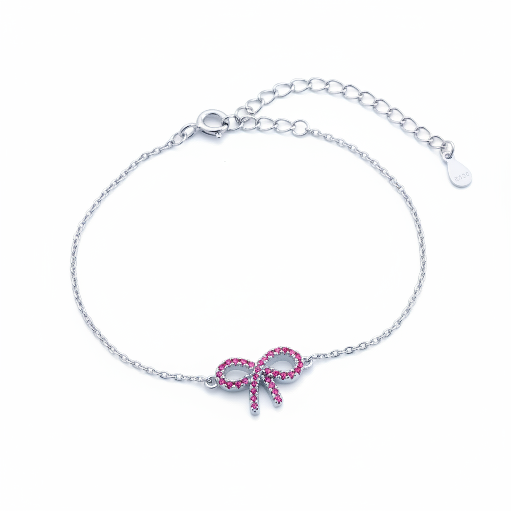 Pink Pavé Bow Bracelet in silver by Seeyoura