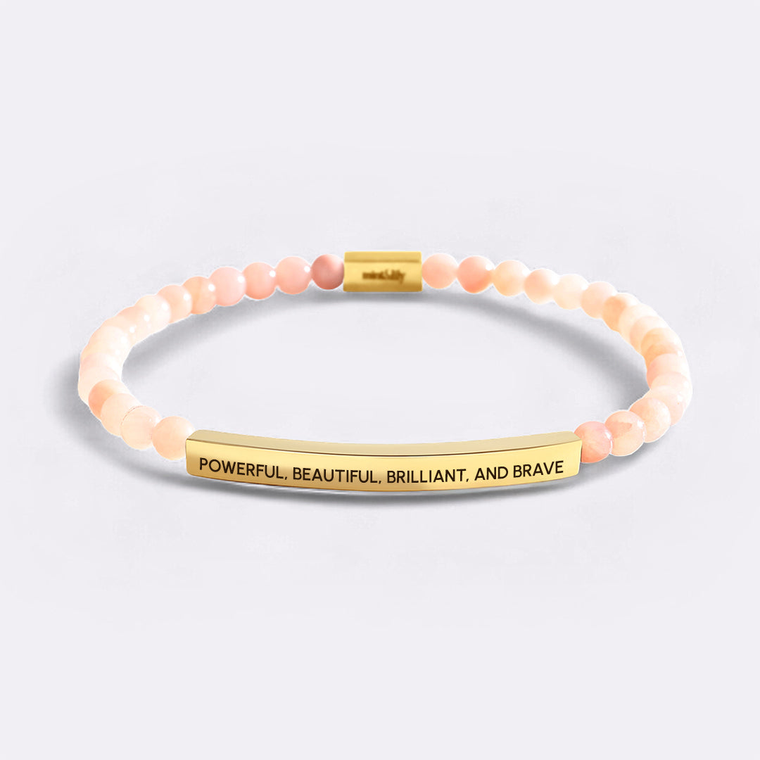 Powerful, Beautiful, Brilliant, and Brave Beaded Inspire Bracelet in gold-plate-and-rose-quartz by Seeyoura