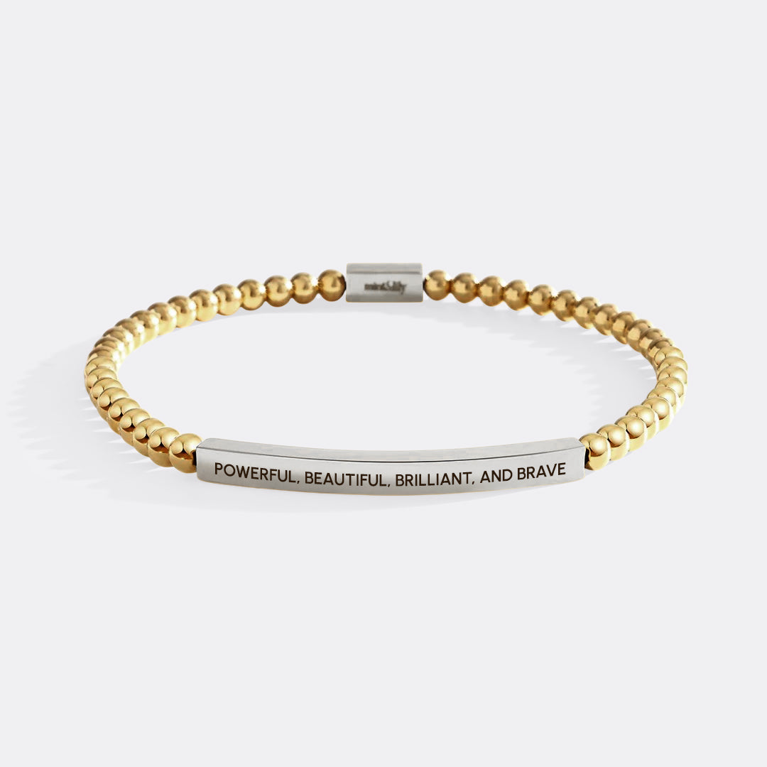 Powerful, Beautiful, Brilliant, and Brave Beaded Inspire Bracelet in silver-plate-with-gold-beads by Seeyoura