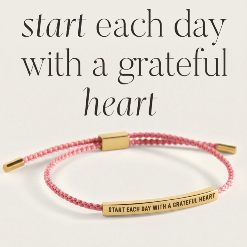 Start Each Day With A Grateful Heart Inspire Bracelet in Pink, gold by Seeyoura