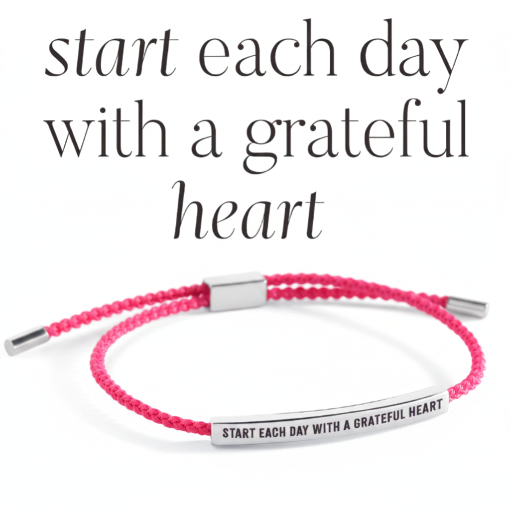 Start Each Day With A Grateful Heart Inspire Bracelet in Pink, silver by Seeyoura