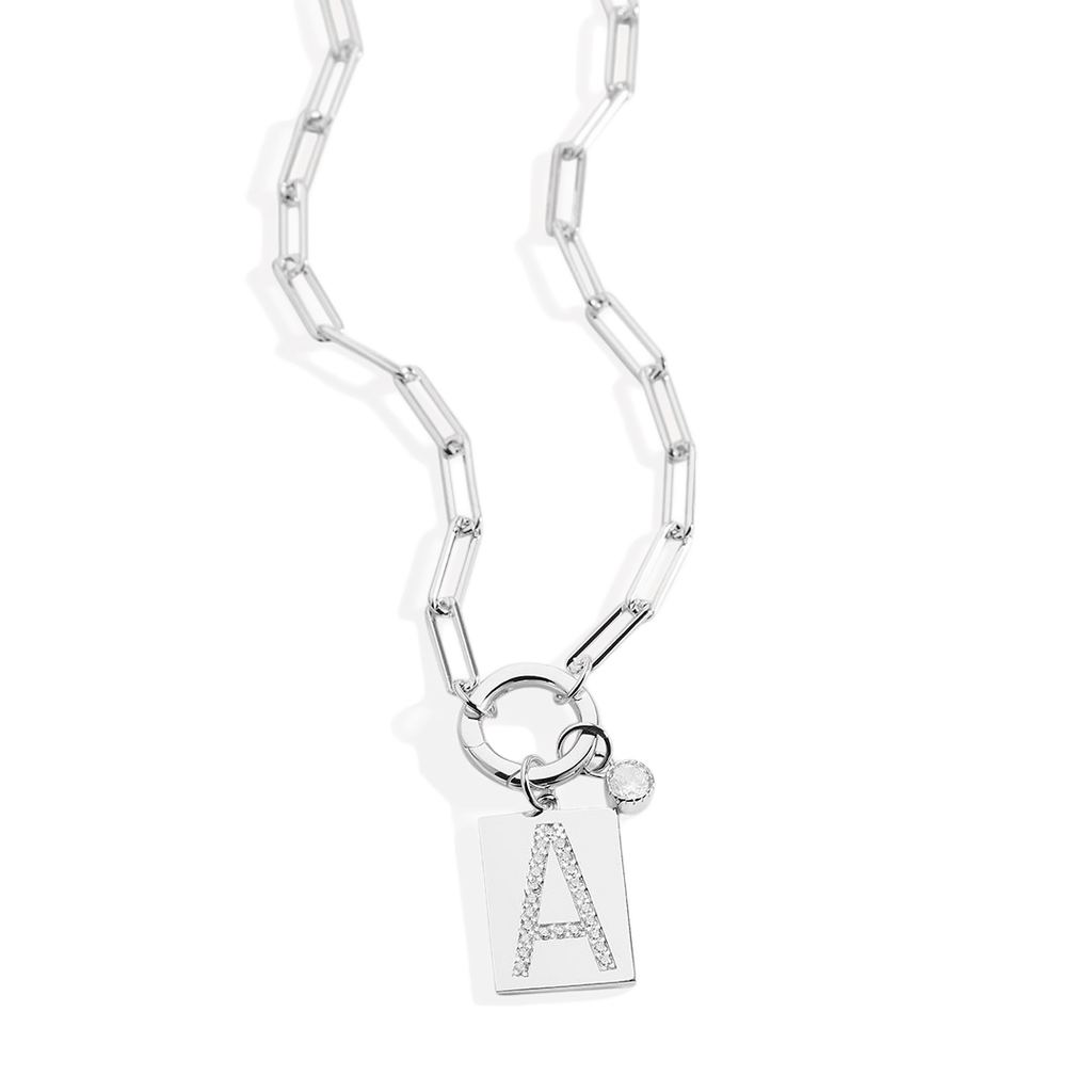 Sterling Silver Pave Initial Pendant Necklace with Paperclip Chain by Seeyoura