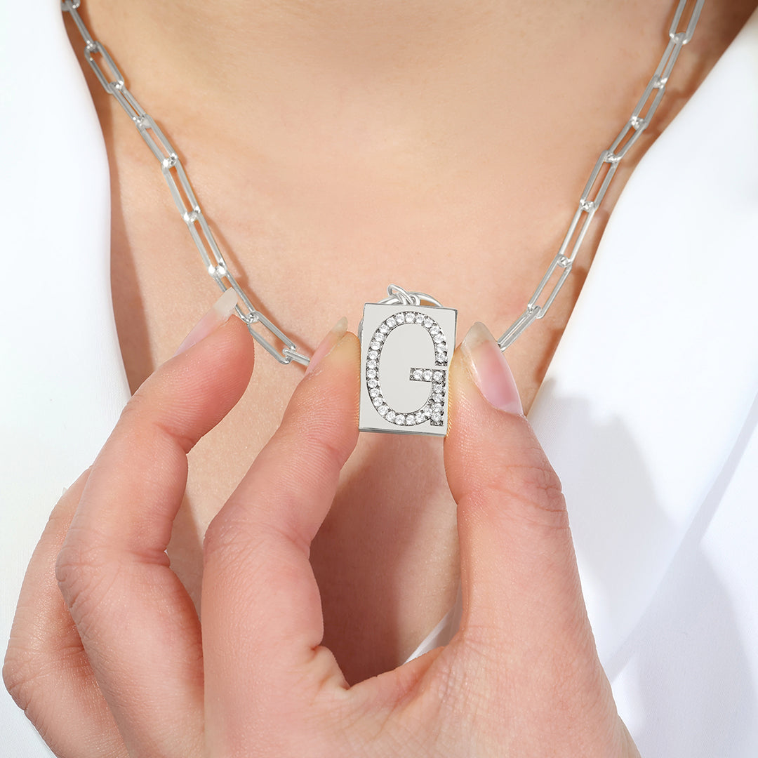 Sterling Silver Pave Initial Pendant Necklace with Paperclip Chain by Seeyoura
