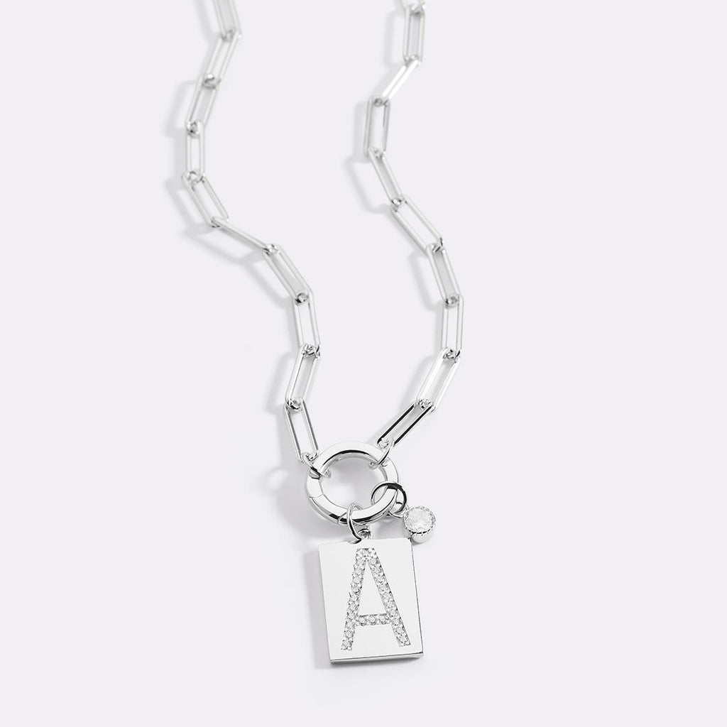 Sterling Silver Pave Initial Pendant Necklace with Paperclip Chain by Seeyoura