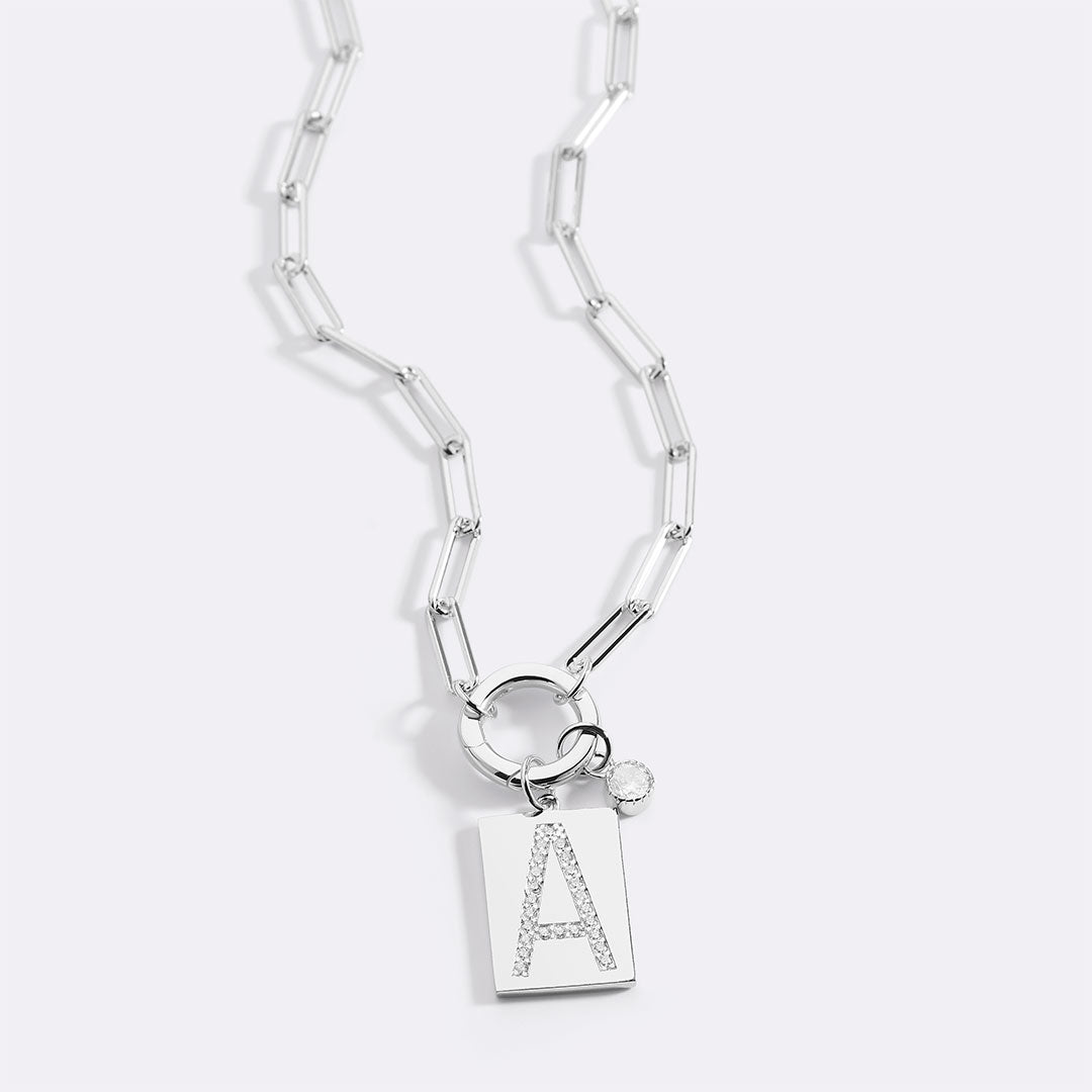 Sterling Silver Pave Initial Pendant Necklace with Paperclip Chain by Seeyoura