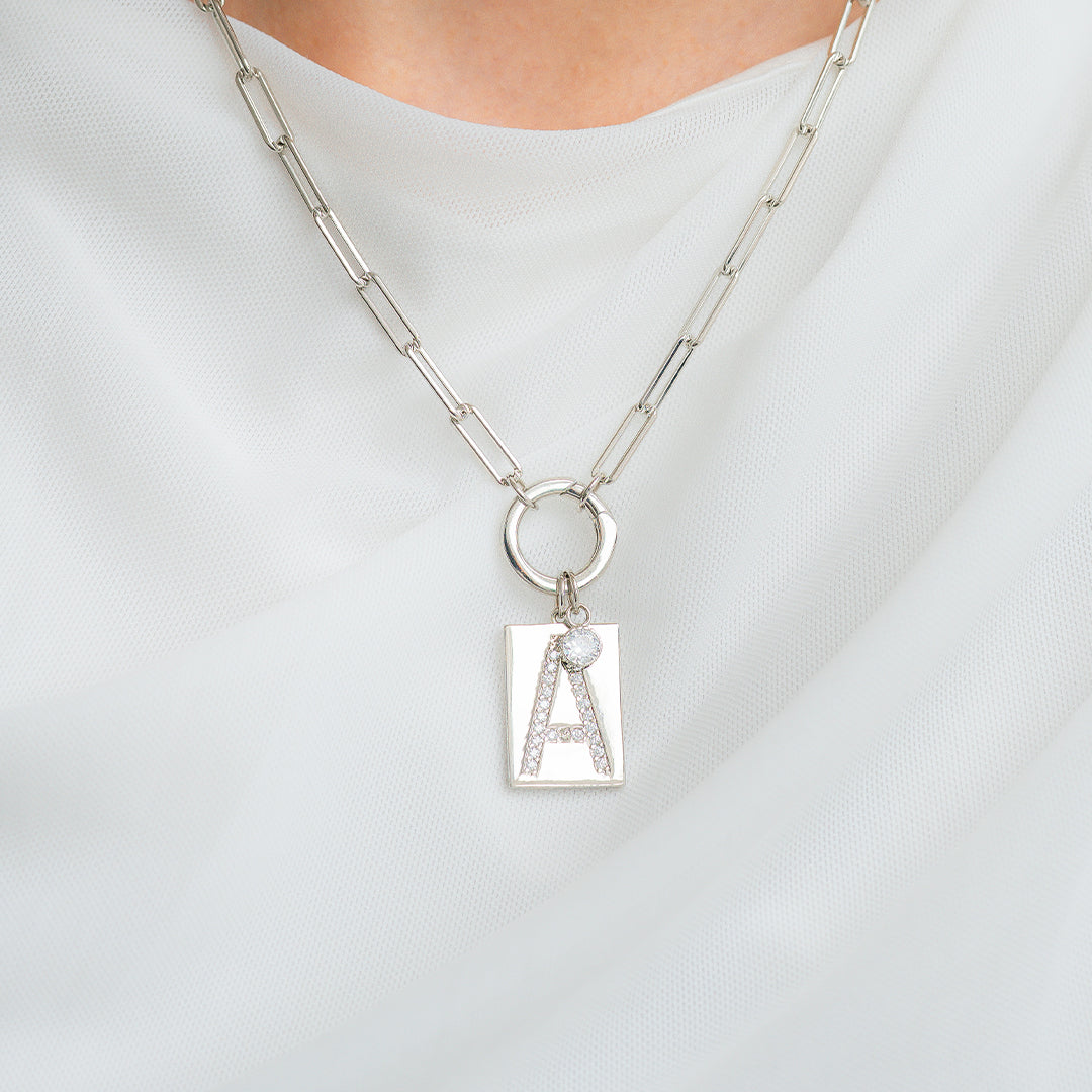 Sterling Silver Pave Initial Pendant Necklace with Paperclip Chain by Seeyoura