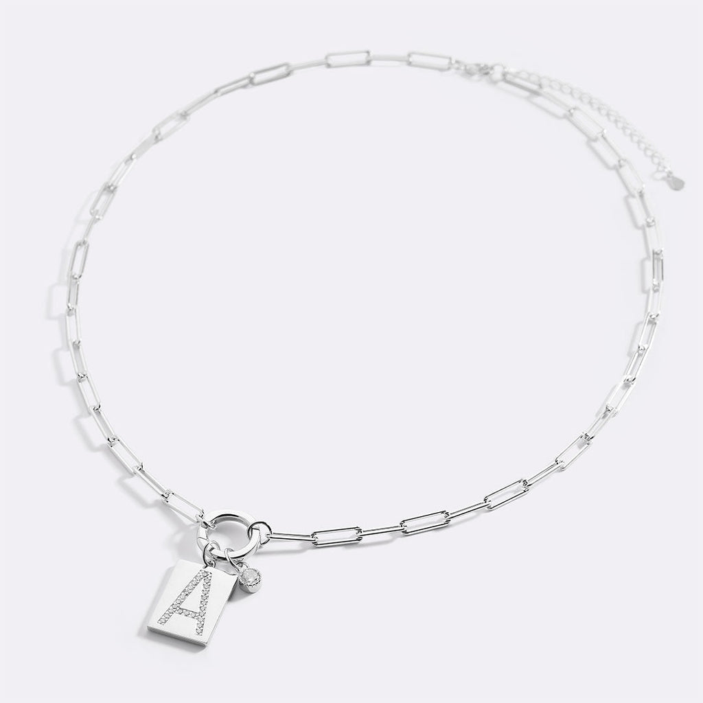 Sterling Silver Pave Initial Pendant Necklace with Paperclip Chain by Seeyoura