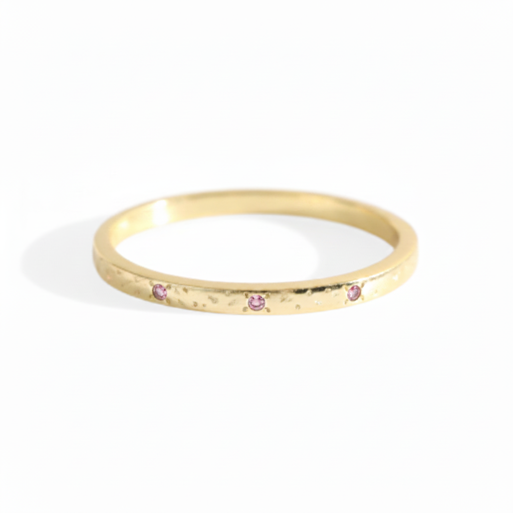 Narrow Textured Gold Birthstone Band in pink-tourmaline-october by Seeyoura