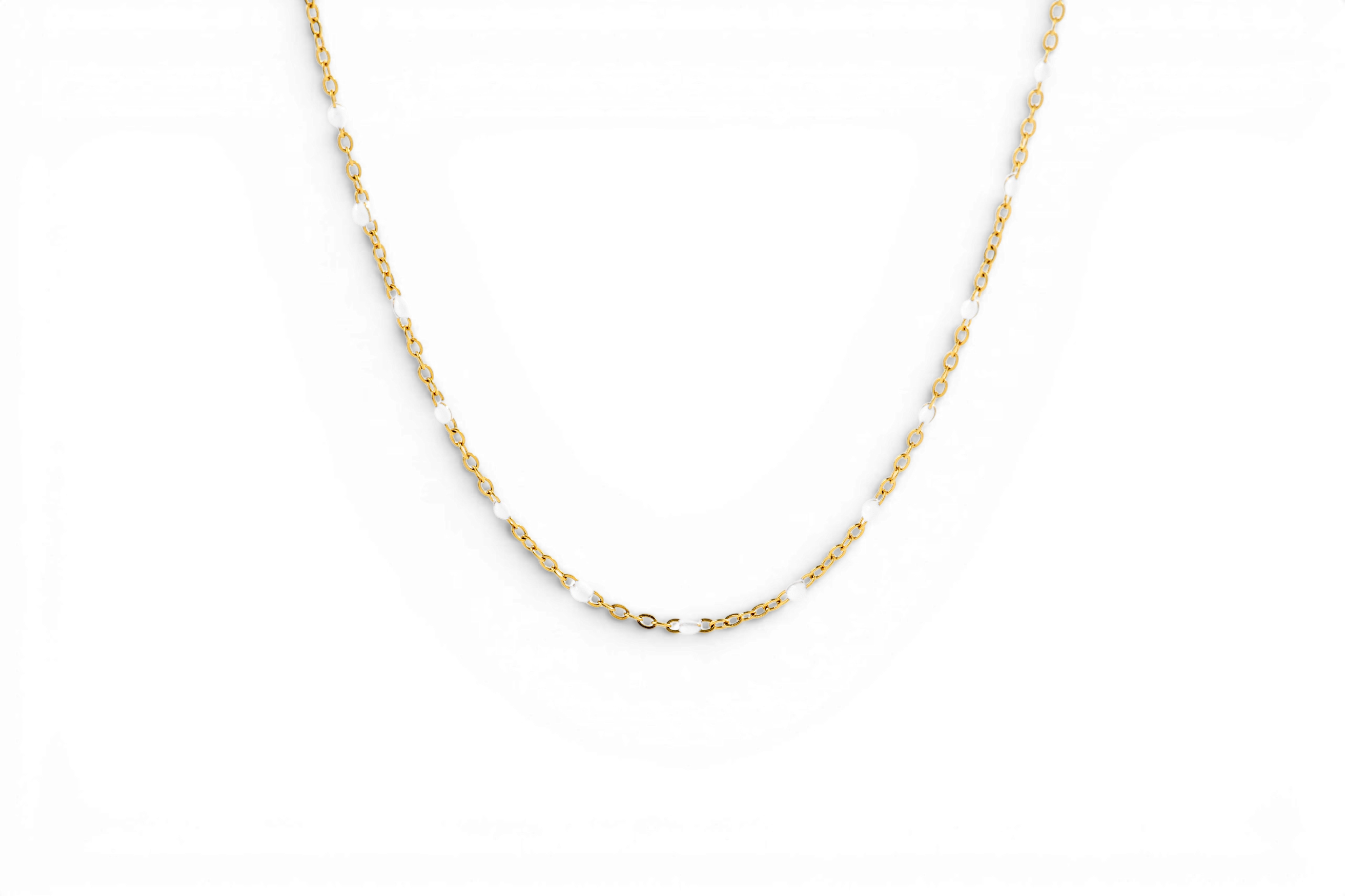 White Beaded Station Necklace in Gold, 16" + 2" by Seeyoura
