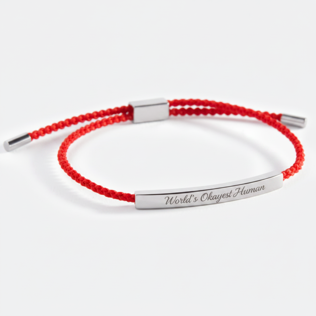 World's Okayest Human Inspire Bracelet in Lucky Red, silver by Seeyoura