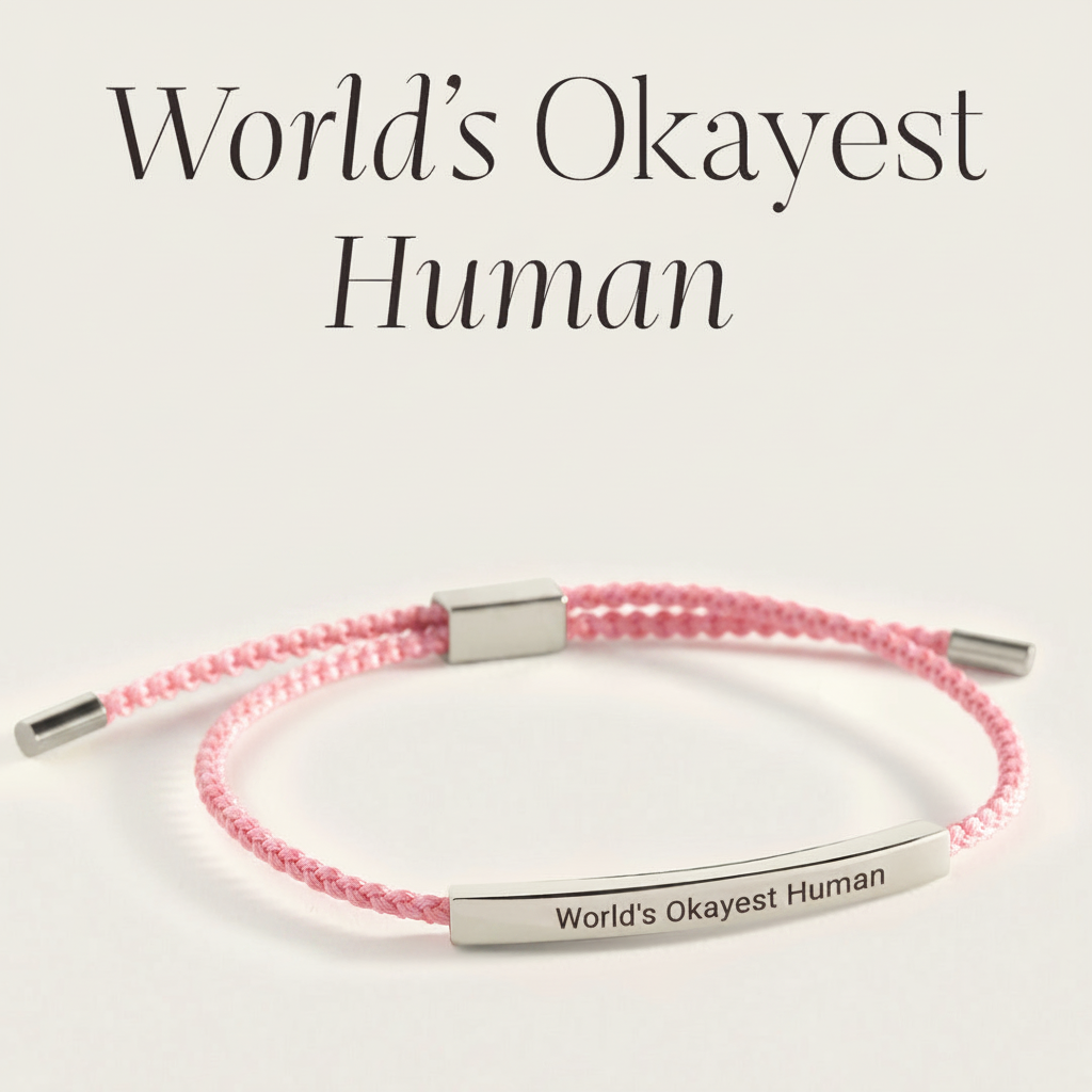 World's Okayest Human Inspire Bracelet in Pink, silver by Seeyoura