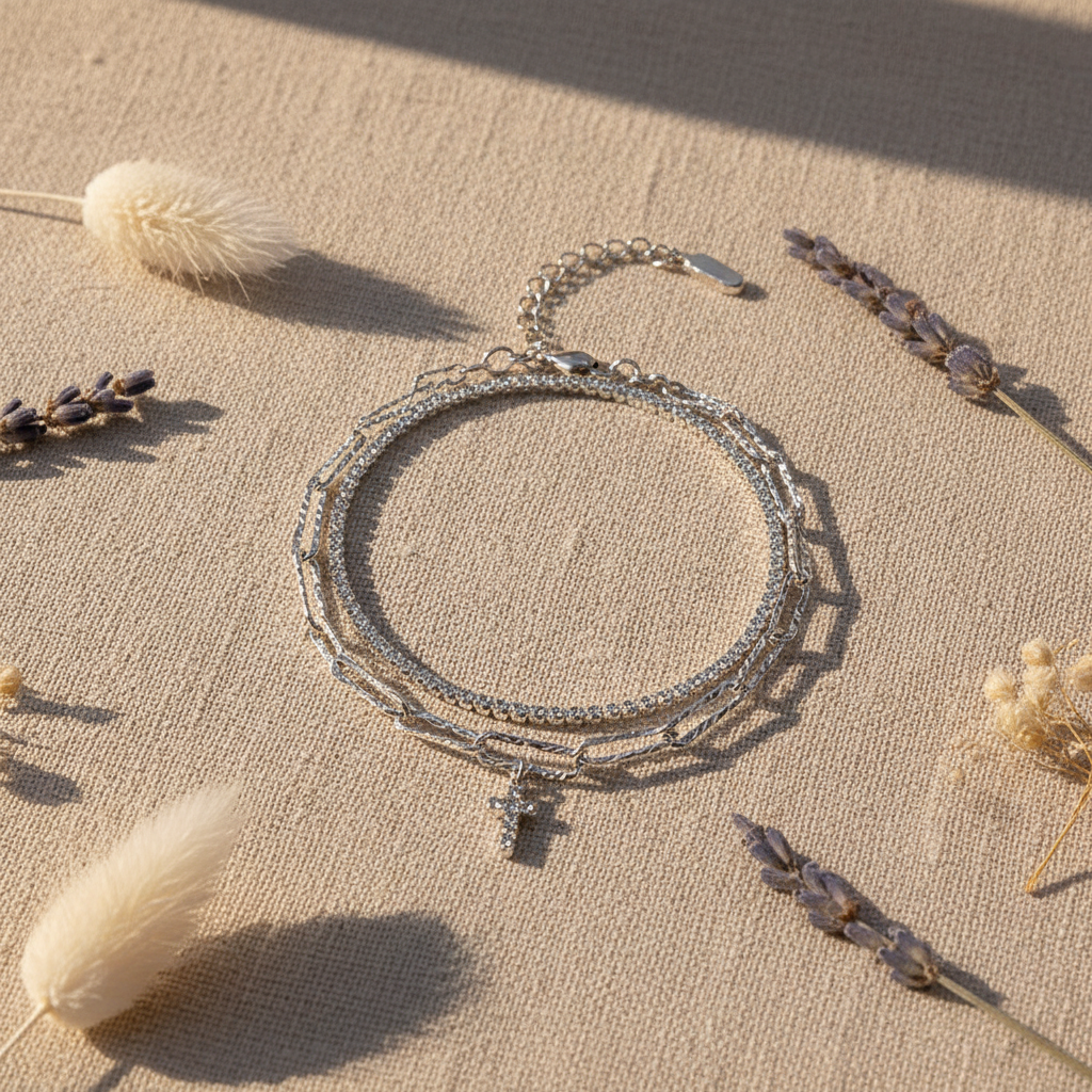 Silver Cross Bracelet Set — Flatlay