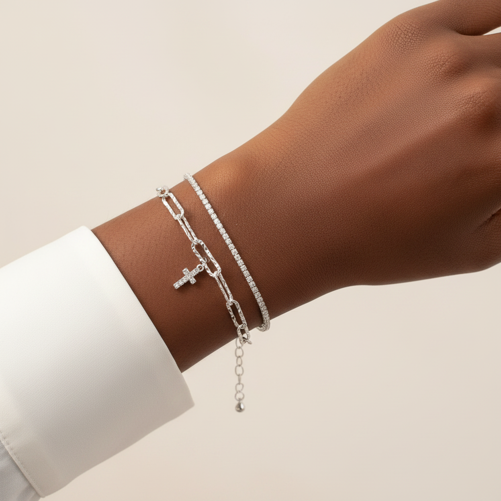 Silver Cross Bracelet Set — On the Wrist Dark