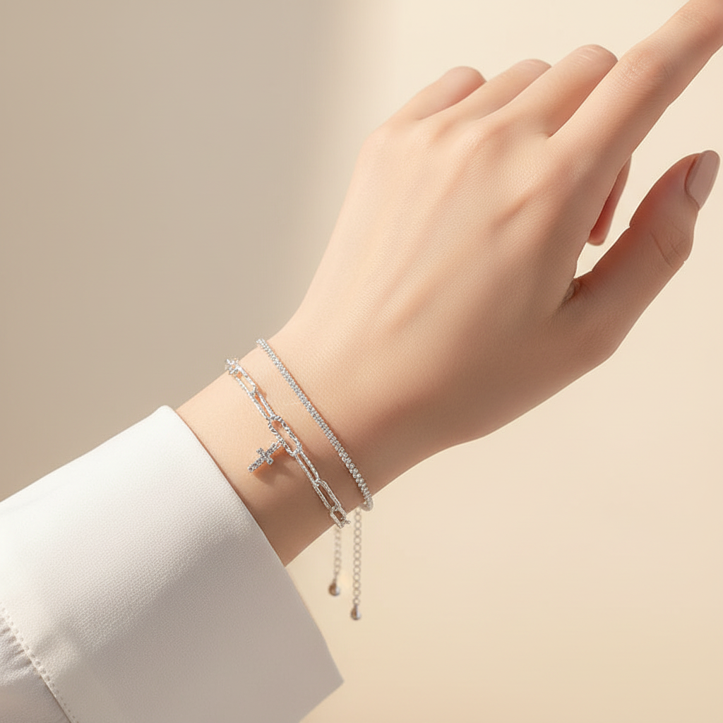 Silver Cross Bracelet Set — On the Wrist Light