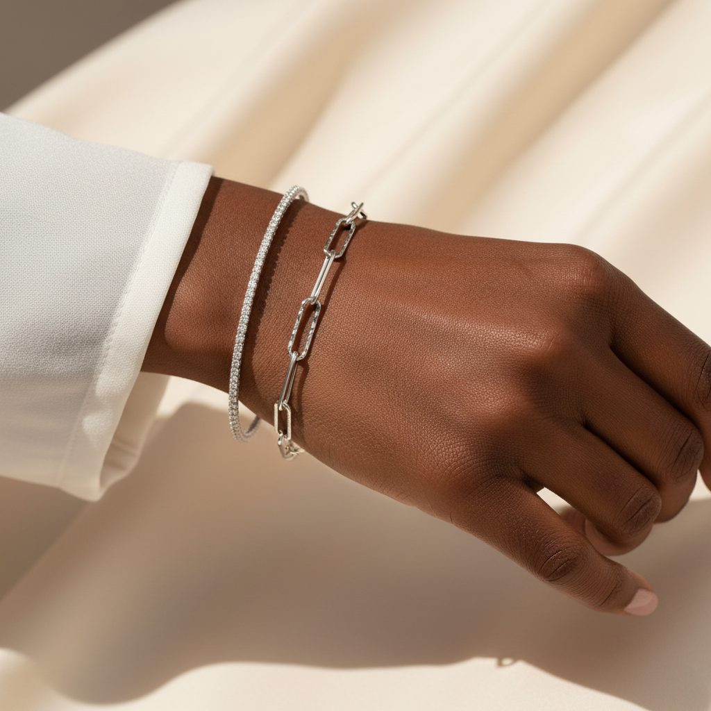 Silver Tennis & Paperclip Bracelet Set — On the Wrist Dark