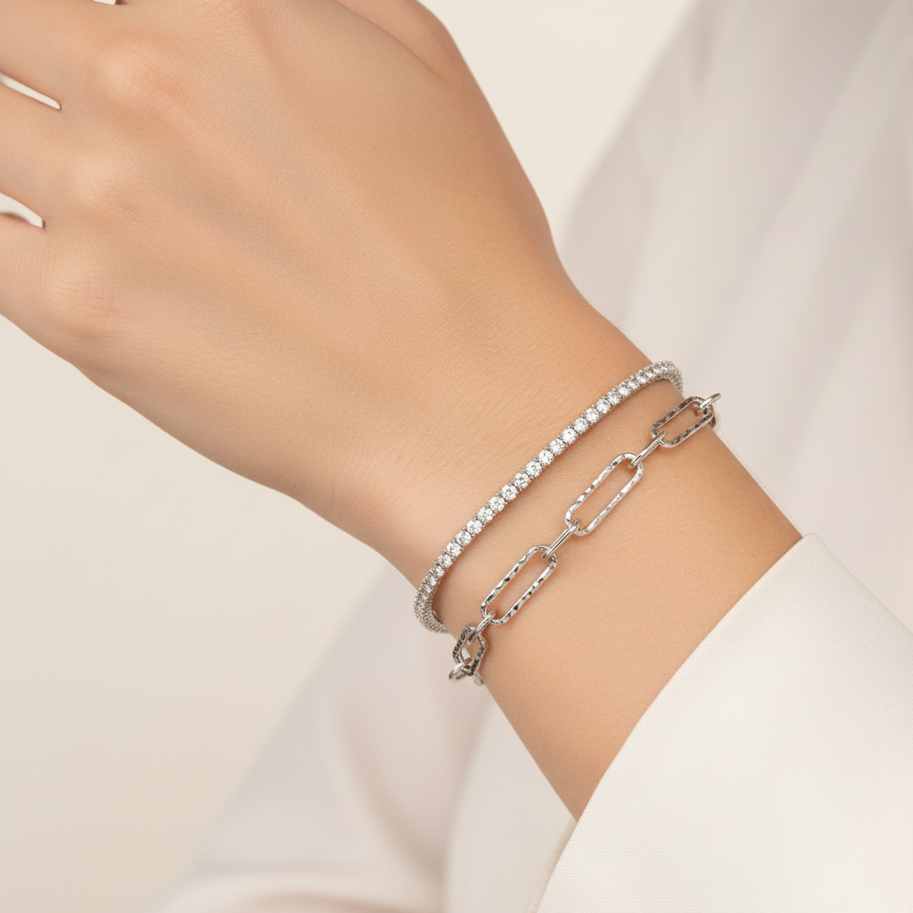 Silver Tennis & Paperclip Bracelet Set — On the Wrist Light
